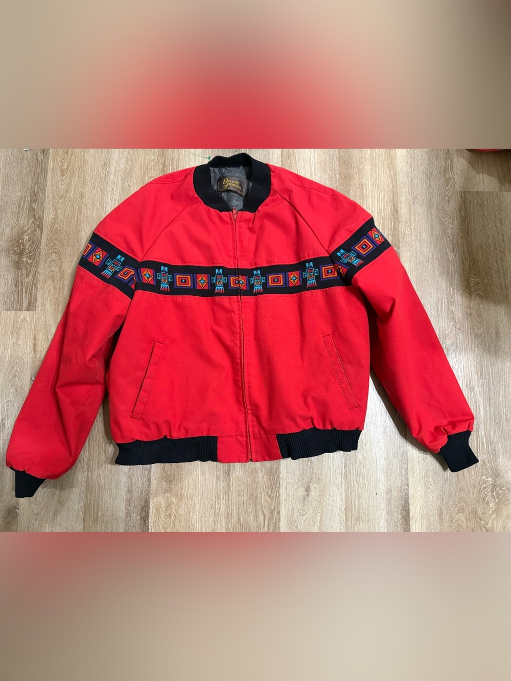 VTG 90s David James Jacket Red Aztec Santa Fe Jacket Blanket Lined XL Bomber